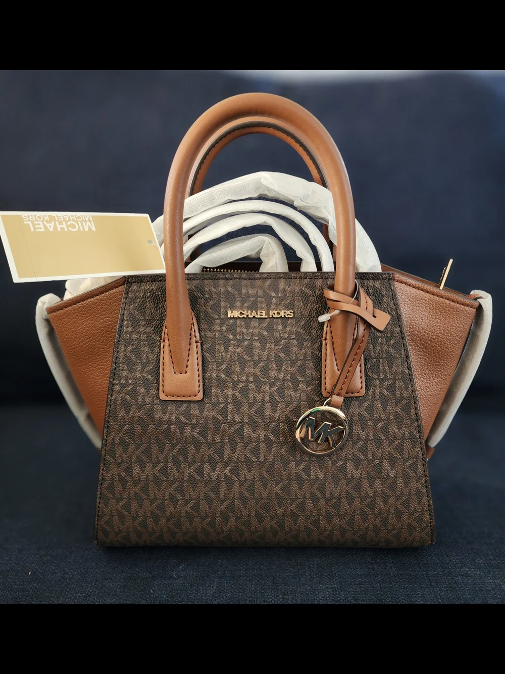 Michael Kors Brown & Tan MK Logo Satchel with Gold Charm